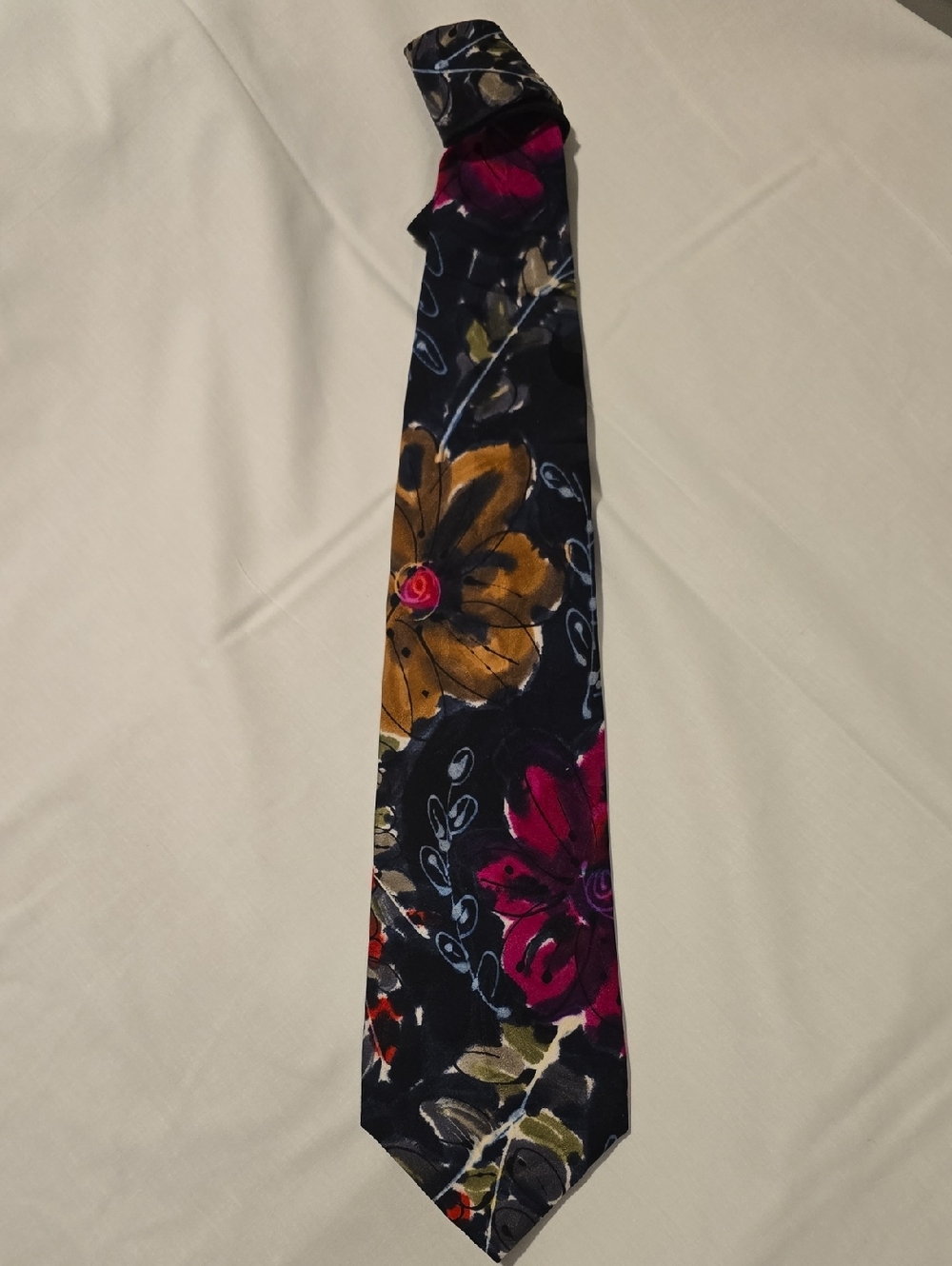 Robert Daskai Vintage Hand Painted Silk Floral Black Tie Gold & Magenta Accents